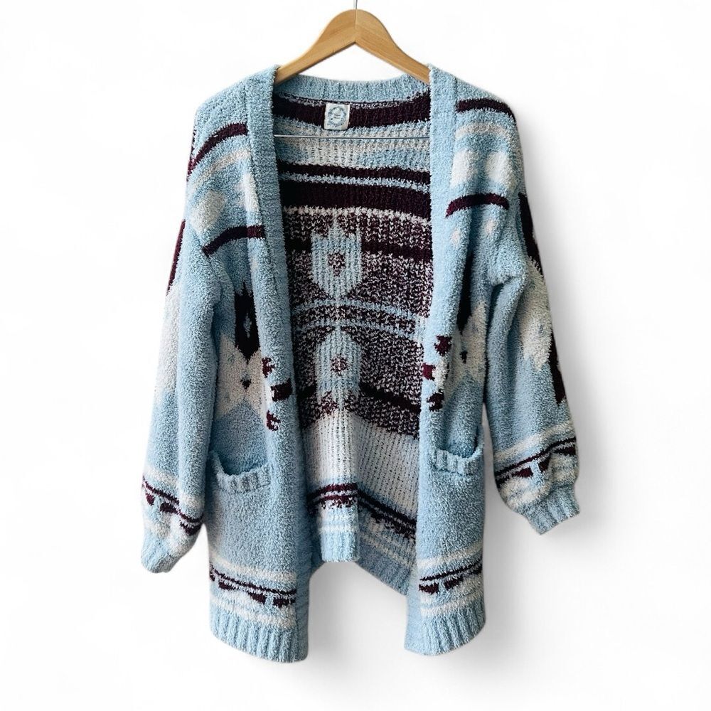 Blue Rain Sherpa Style Cardigan‎ Sz Small Aztec Print Lt Blue Burgundy